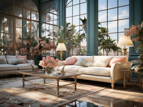 Classic chic romantic living room in 19th century luxurious mansion in Paris. Beautiful living room in a luxury house with cast iron windows