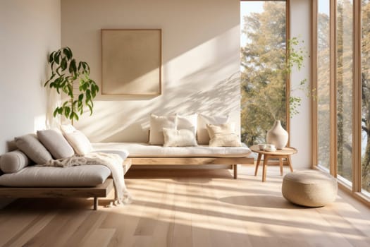 Livingroom of bright minimalist modern interior design huge bright apartment. Sunny room with large windows and sun.