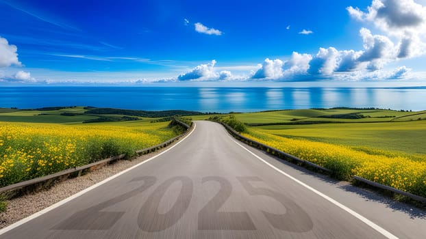 The Number 2025 written on empty road. Concept of New 2024 Year. Concept of planning, tasks