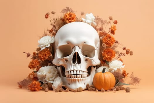 assorted Halloween items - skull, orange and gold shiny pumpkins and flowers on a colored background