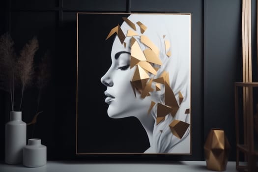 embossed gold, white and black portrait of a woman, poster in a black interior.