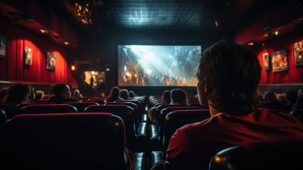 film on screen old retro cinema with red velvet walls and seats. mystical atmosphere.