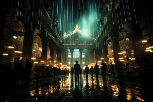 Bright fluorescent lighting of the stock exchange hall, blurry pace of traders, a scene of movement and profit, chaos and order, high rates in financial markets.