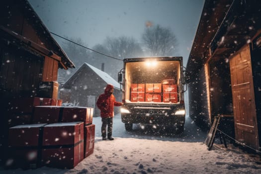 truck loaded with Christmas gifts. Christmas eve and gift delivery.