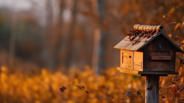 Birdhouse on a stand in the park, autumn season. Birdhouse on the edge of the park, branches with yellow autumn foliage in the background.
