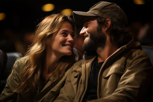 a couple in love in the cinema auditorium looking at each other.before a film show