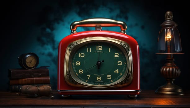 retro alarm clock in a warm lamp interior.