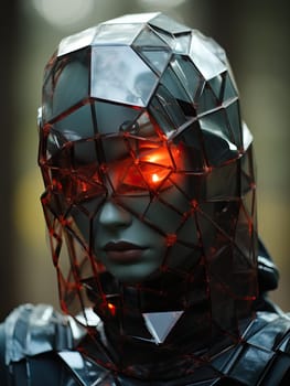 woman in a glass cloak with a hood with glowing lanterns inside.