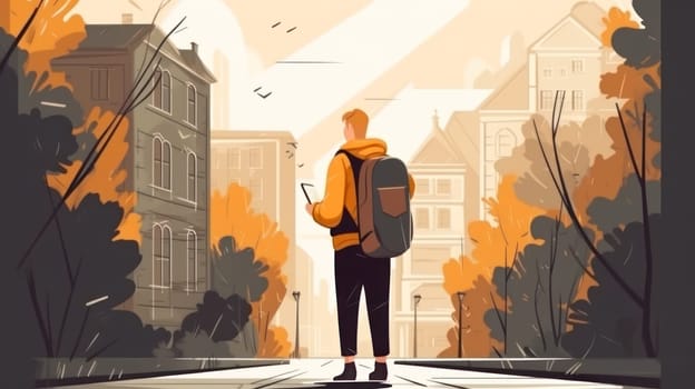 Rear view of a young man tourist with a map on the street he is looking for a map guide, autumn day