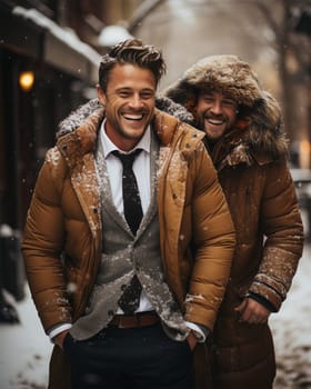 Happy couple, friends on a snowy day before Christmas. Christmas Eve.