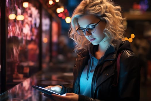 Image of a young Caucasian girl holding a smartphone near a multi-colored shop window of a shopping center