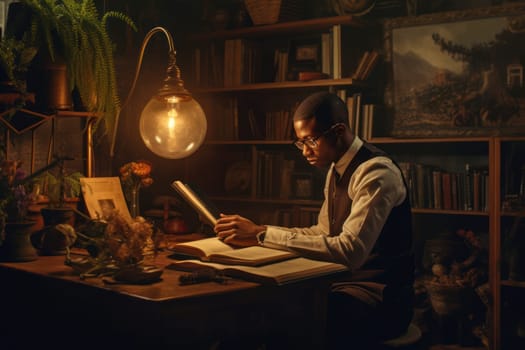 African American student sitting at a table in the library and reading books .