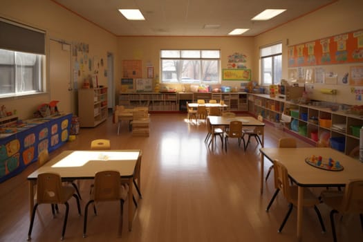 inside a classroom with chairs, benches and toys on tables, preschool classroom