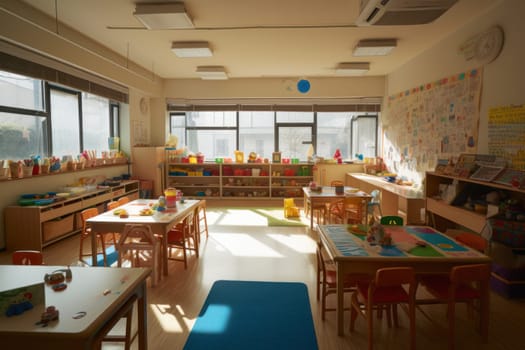 inside a classroom with chairs, benches and toys on tables, preschool classroom
