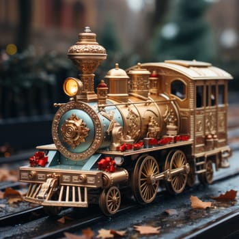 toy New Year's wooden train as a decoration for the Christmas tree. stylization of a retro locomotive for the railway, toy road. design and concept of gifts for the New Year holiday