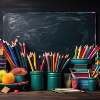 multi-colored pencils in stands, standing on a school desk against the background of a blackboard. space for text