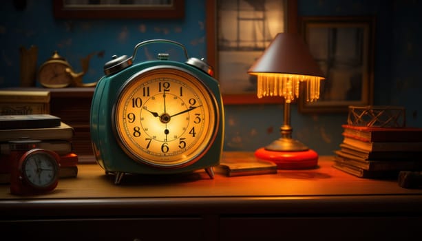 retro alarm clock in a warm lamp interior.