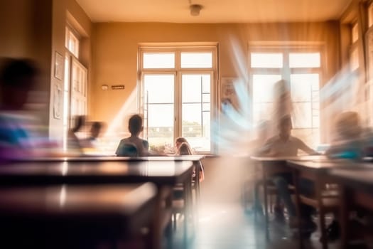 school auditorium with blurred movement of students.