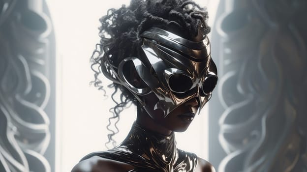 hairstyle and accessories in the style of Afrofuturism and steampunk. fashion and high art. poster and magazine for stylists and designers