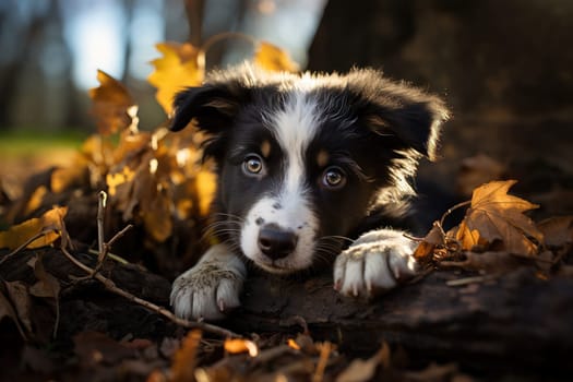 Australian Shepherd in autumn lies in wet yellow autumn leaves after rain.