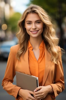 Portrait of a blonde woman in an orange jacket holding a folder with documents on a city street on a sunny day