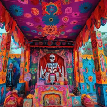 Colorful festival toy theater with skeleton.