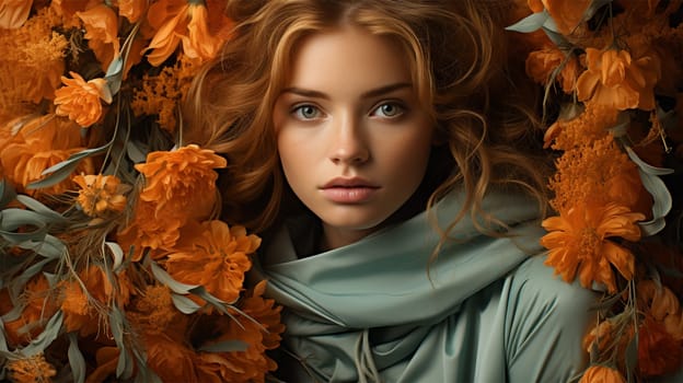 Portrait of a beautiful blonde among orange flowers in a blooming garden.