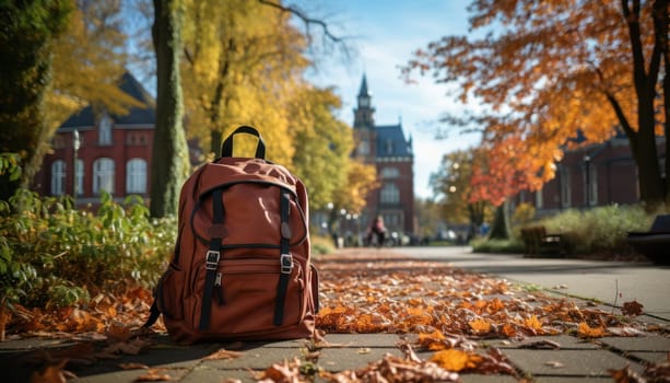 an orange backpack stands in a park among fallen yellow leaves against the background of a blurred college or university building.Distance learning or learning on the go. Back to school. Copy space