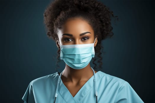 Portrait of a beautiful young African American nurse with a mask on her face. medical worker isolated, blue-green background