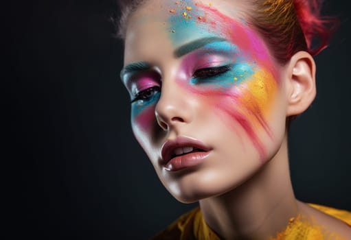 Beautiful fashion woman with bright color face art and body art. Paint on face. Creative portrait.