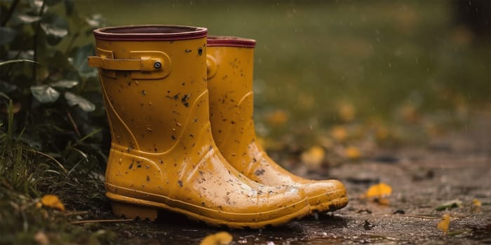 yellow rubber boots, stained with mud, stand on a dirt path on an autumn day