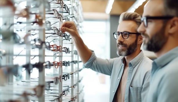 Bearded men stand at a store window wearing glasses and choose a frame for glasses in an optician.
