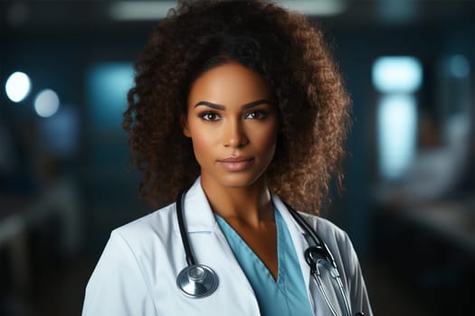 Portrait of a handsome young African American doctor with a stethoscope . medical worker against a blurred background of the clinic