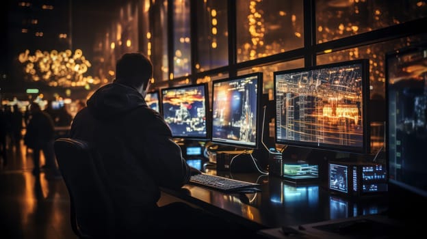 a man sits in front of large monitors in a surveillance center monitoring security. the concept of security, control and protection.