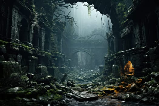 destroyed abandoned building covered with moss and overgrown with plants. Gloomy foggy lighting. post-apocalyptic horror story.