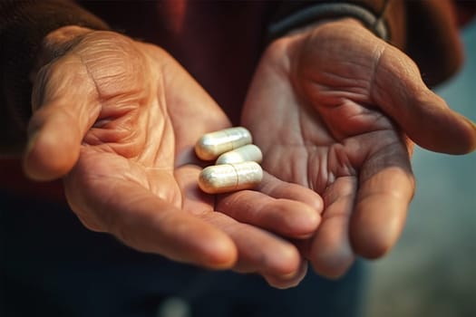 the hands of an elderly man with wrinkles hold pills. concept of mental health, support and family.