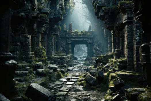 destroyed abandoned building covered with moss and overgrown with plants. Gloomy foggy lighting. post-apocalyptic horror story.