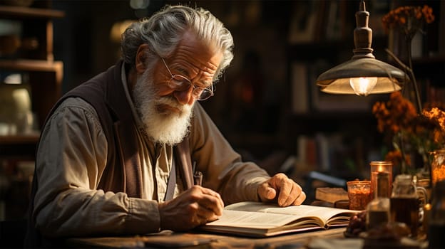 old gray-haired professor reading a book in his office at the table.
