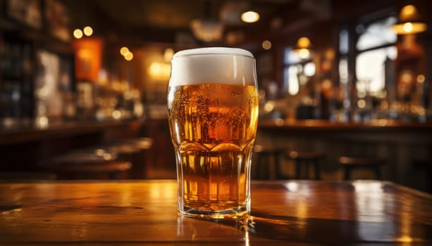 Glass of light beer on a dark pub.