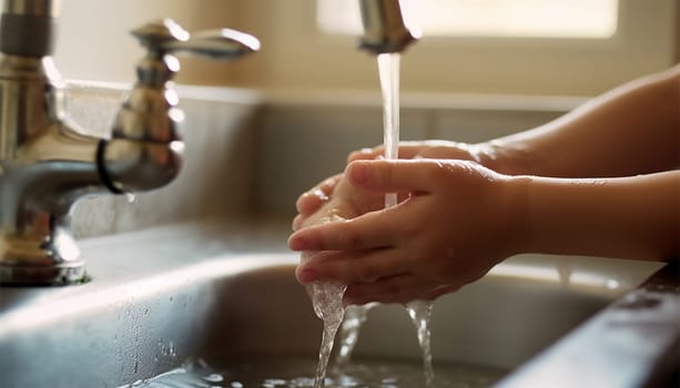 children's hands close-up. the child washes his hands with soap. hygiene, cleanliness and health.