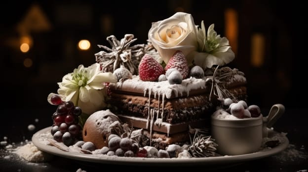 homemade Christmas chocolate cake with powdered sugar instead of snow against a backdrop of holiday lights in bokeh and holiday decoration food photo concept. Country style.