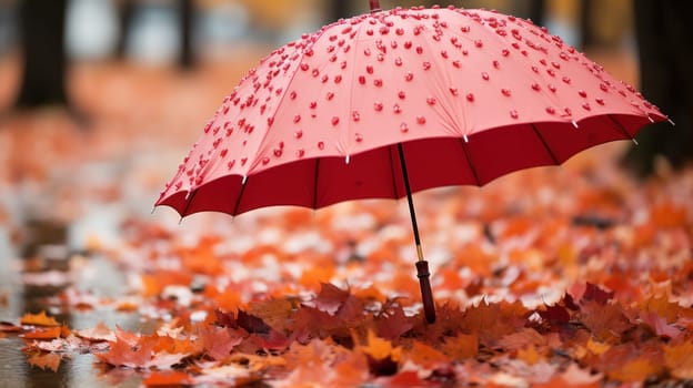 Autumn concept. coral-colored beautiful umbrella on a background of autumn leaves.