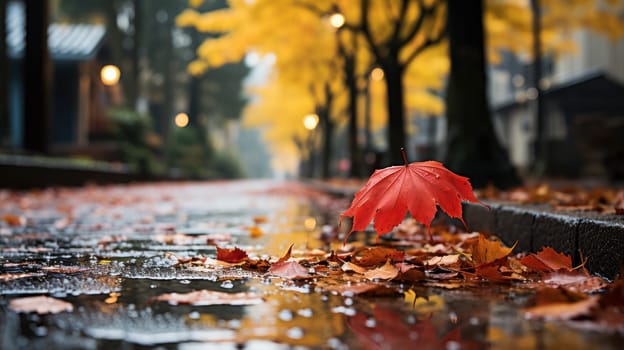 Falling orange-red leaf on wet asphalt. Beautiful autumn landscape with yellow trees and sun. Colorful foliage in the park.