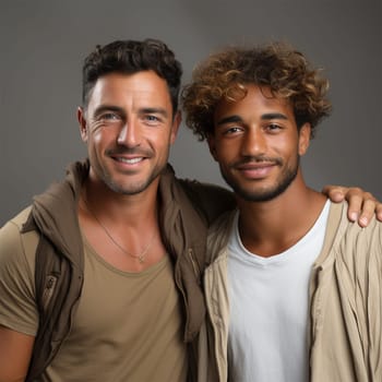 portrait of two friends on a gray background.