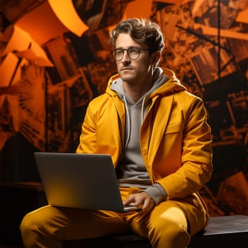 a young man in glasses and a yellow jacket with a laptop against the backdrop of a bright cafe interior.
