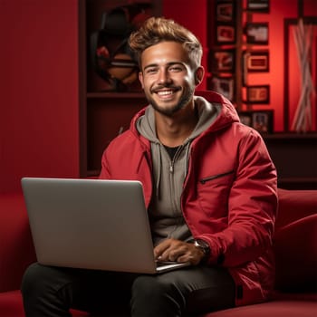 a young man in a red jacket with a laptop against the backdrop of a bright cafe interior.