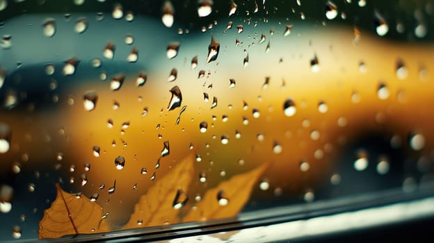 yellow leaves stuck to a window glass covered with drops of autumn rain .