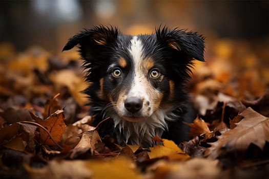 Australian Shepherd in autumn lies in wet yellow autumn leaves after rain.