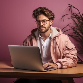 a young man in glasses and a pink jacket with a laptop against the backdrop of a bright cafe interior or coworking space.
