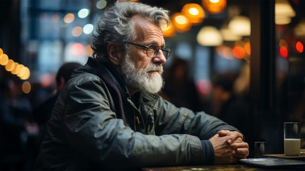 lonely gray-haired and sad old man sitting in a bar on a blurred background. loneliness concept